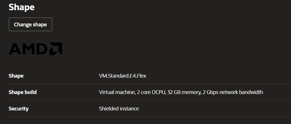 Oracle shape selection showing VM.Standard.E4.Flex with 2 OCPUs and 32 GB RAM